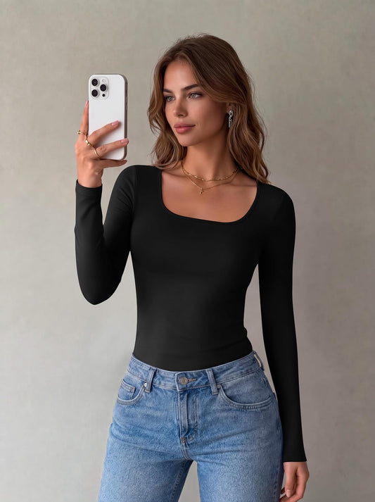 Zeagoo Long Sleeve Shirts for Women Square Neck Slim Fit Top Fall Basic Tee