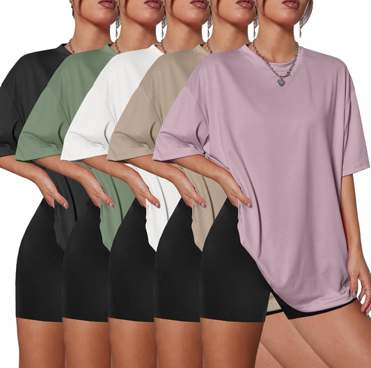 Kinglaman 5 Pack Womens Oversized T Shirts Workout Short Sleeve Summer Tops